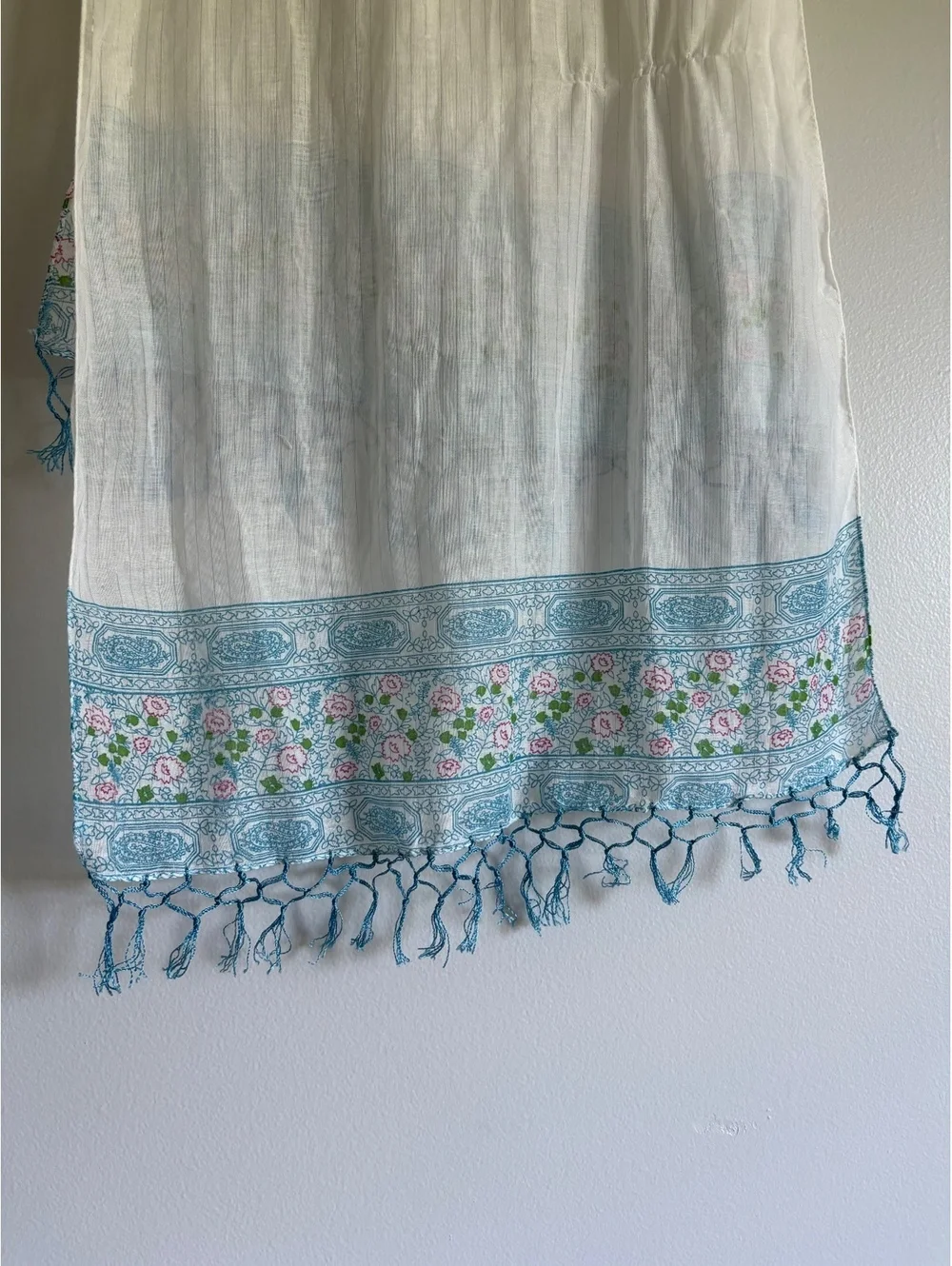 White Long Scarf with Blue Floral Border and Fringe